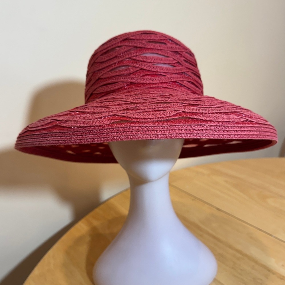 Nine West Red Wide Brim Sun Hat Lattice Open Weave Summer Beach Accessory